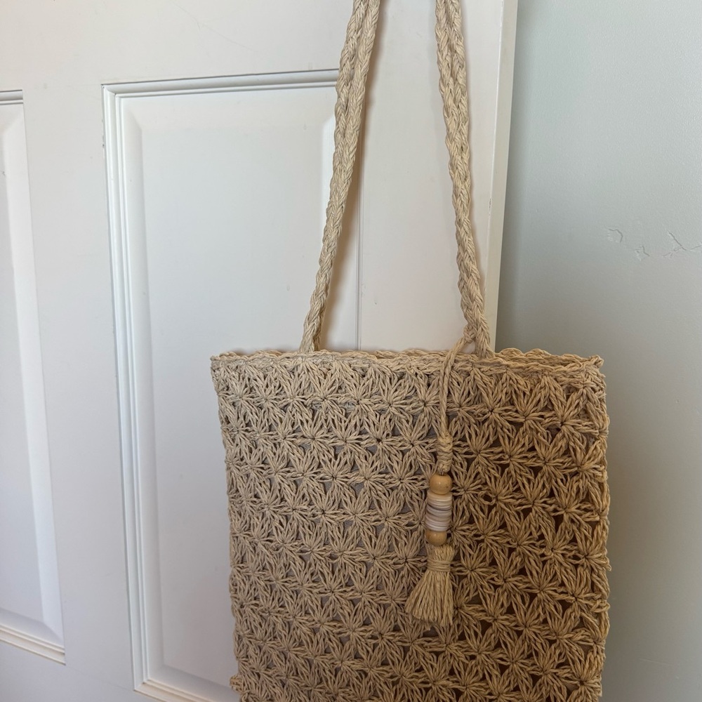 Beige Woven Tote Bag
